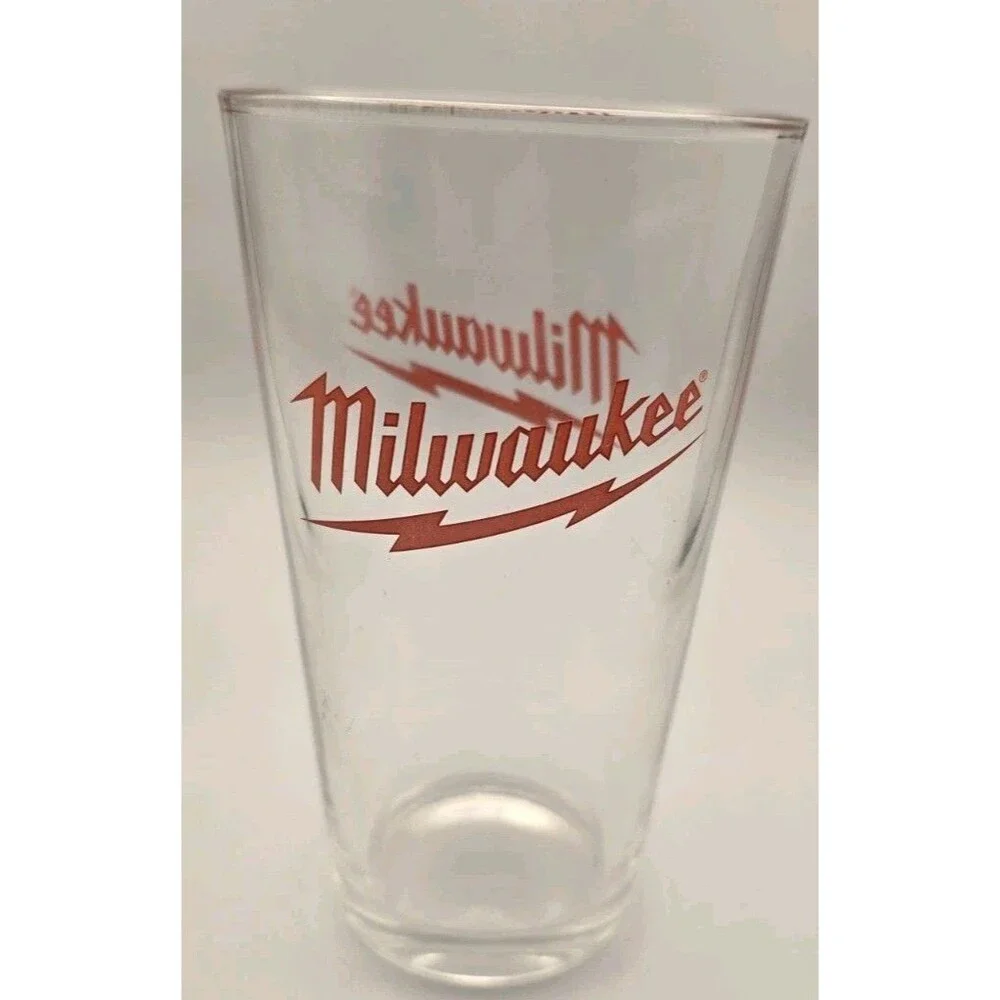 Set of 2 Genuine Milwaukee Tool 16oz Pint Glasses - Red Lightning Bolt Logo